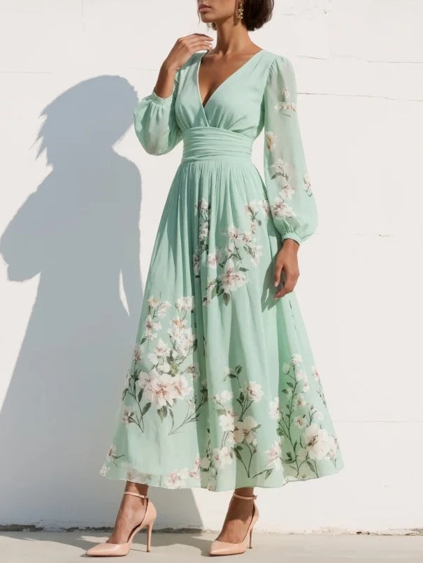 Lila - Elegant blomstret midikjole