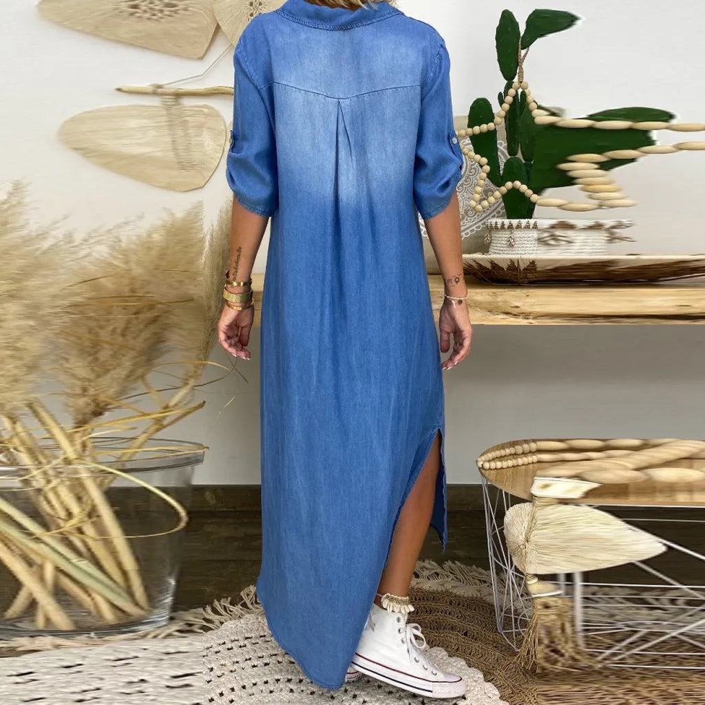 Lea - Lang afslappet kjole i denim