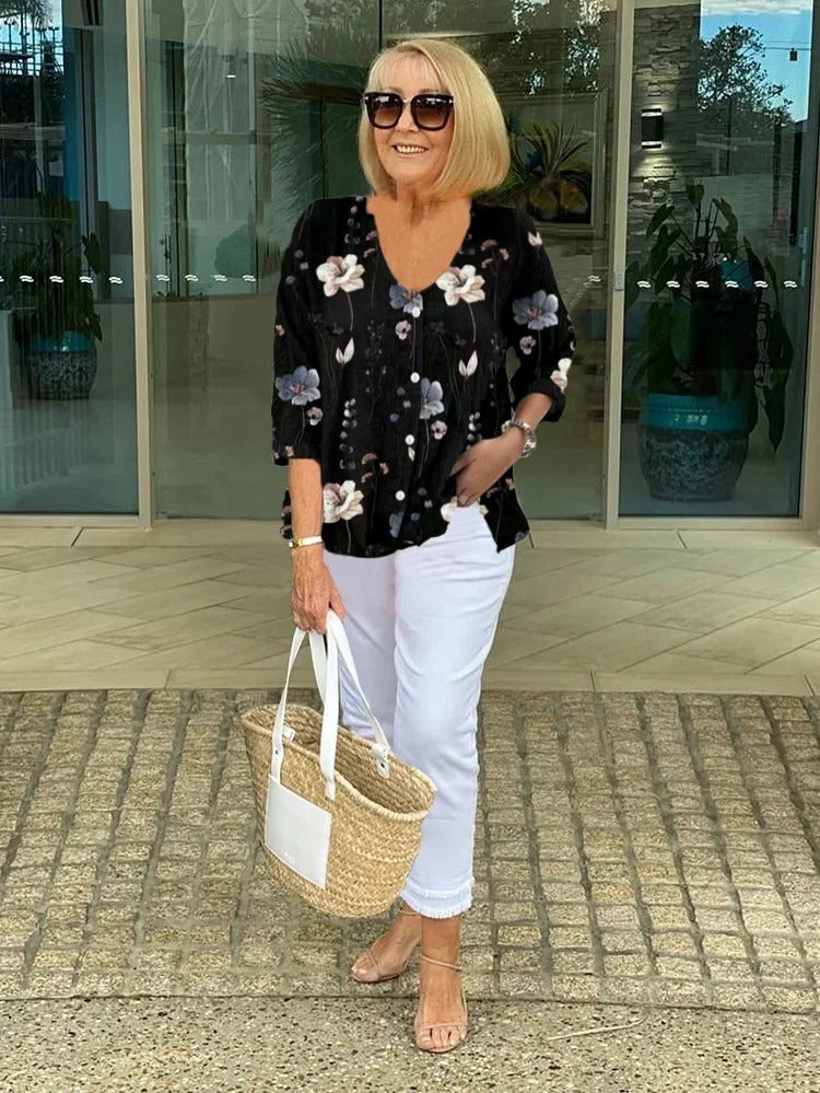 Teresa - Elegant blomstret bluse med knapper